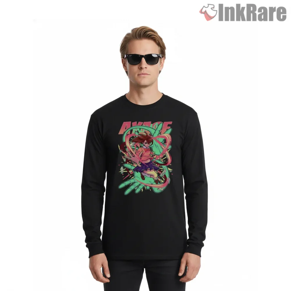 Momo Ayase Psychic Energy Swirl Anime Shirt on black long sleeve shirt for men graphic tee