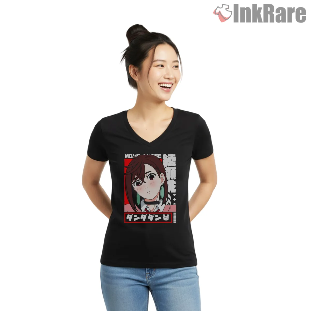 Momo Ayase Psychic Gyaru Anime Portrait V Neck Black Momo Ayase Psychic Gyaru Anime Portrait Shirt on black v-neck shirt for women graphic tee
