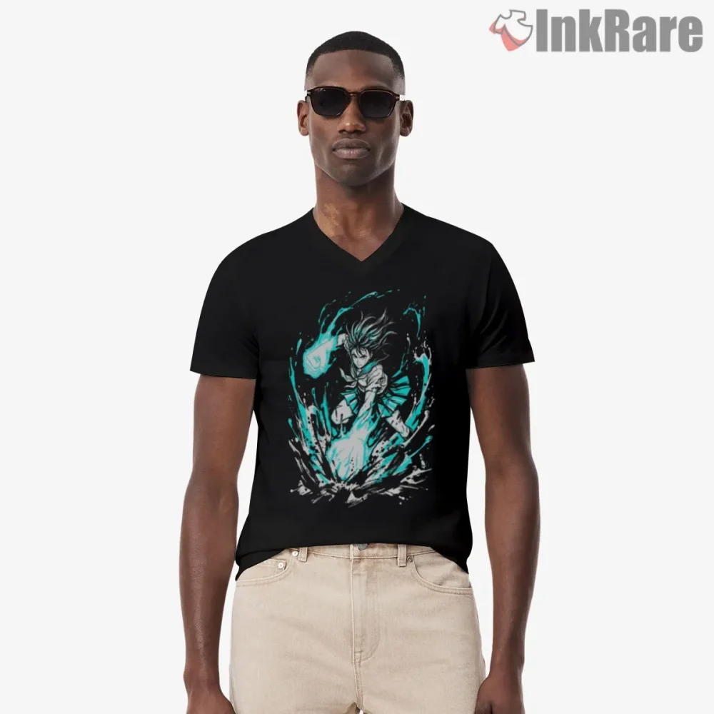 Momo Ayase Psychic Spirit Burst Anime Shirt on black v-neck shirt for men graphic tee