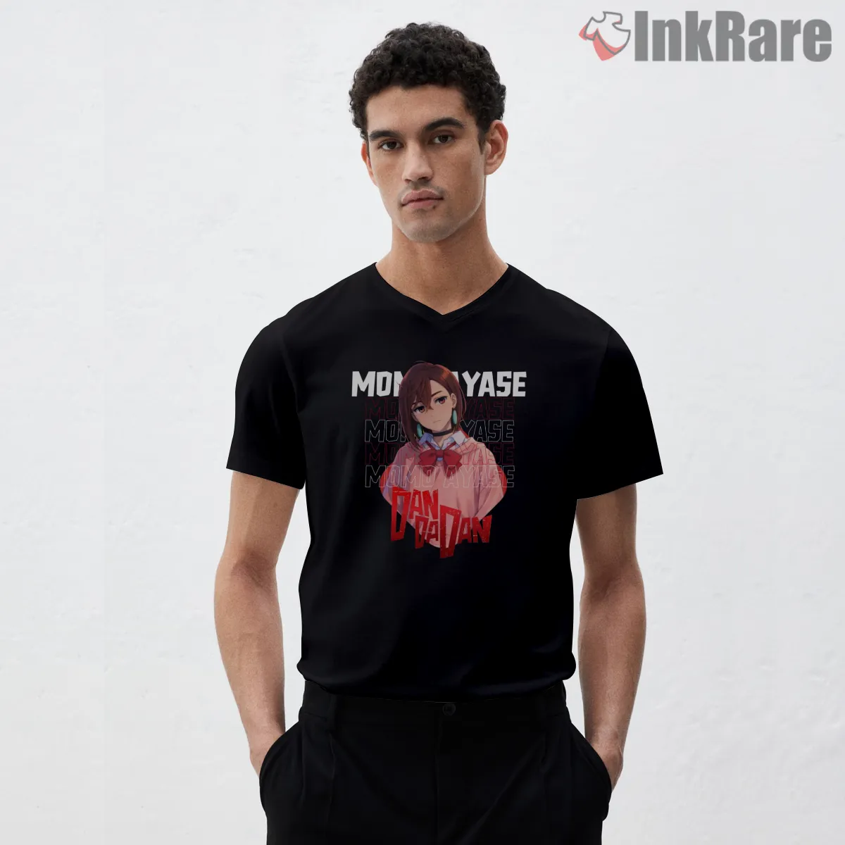 Momo Ayase Retro Anime Character Poster V Neck Black Momo Ayase Retro Anime Character Poster Shirt on black v-neck shirt for men graphic tee