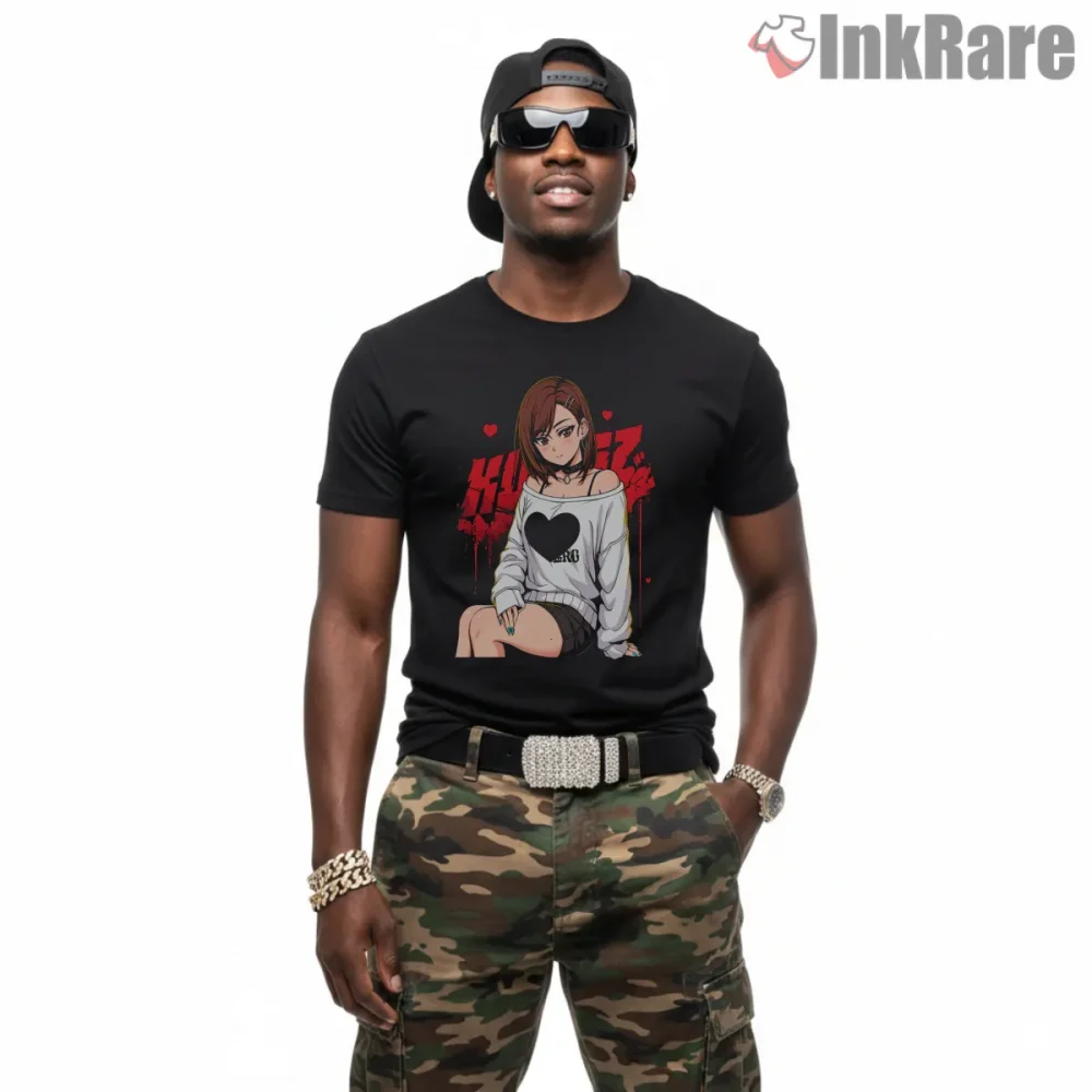 Momo Ayase Street Style Anime Character Shirt on black short sleeve shirt for men graphic tee