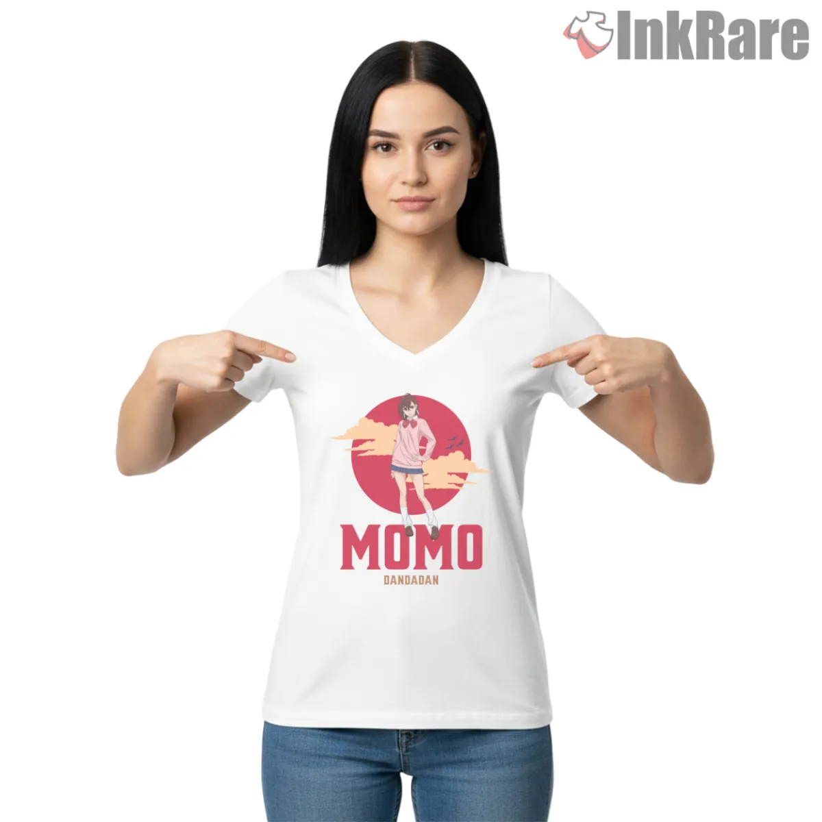 Momo Ayase Sunset Anime Minimalist Dandadan V Neck White Momo Ayase Sunset Anime Minimalist Dandadan Shirt on white v-neck shirt for women graphic tee