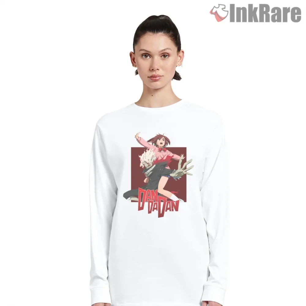 Momo Ayase Supernatural Leap Dandadan Action Shirt on white long sleeve shirt for women graphic tee