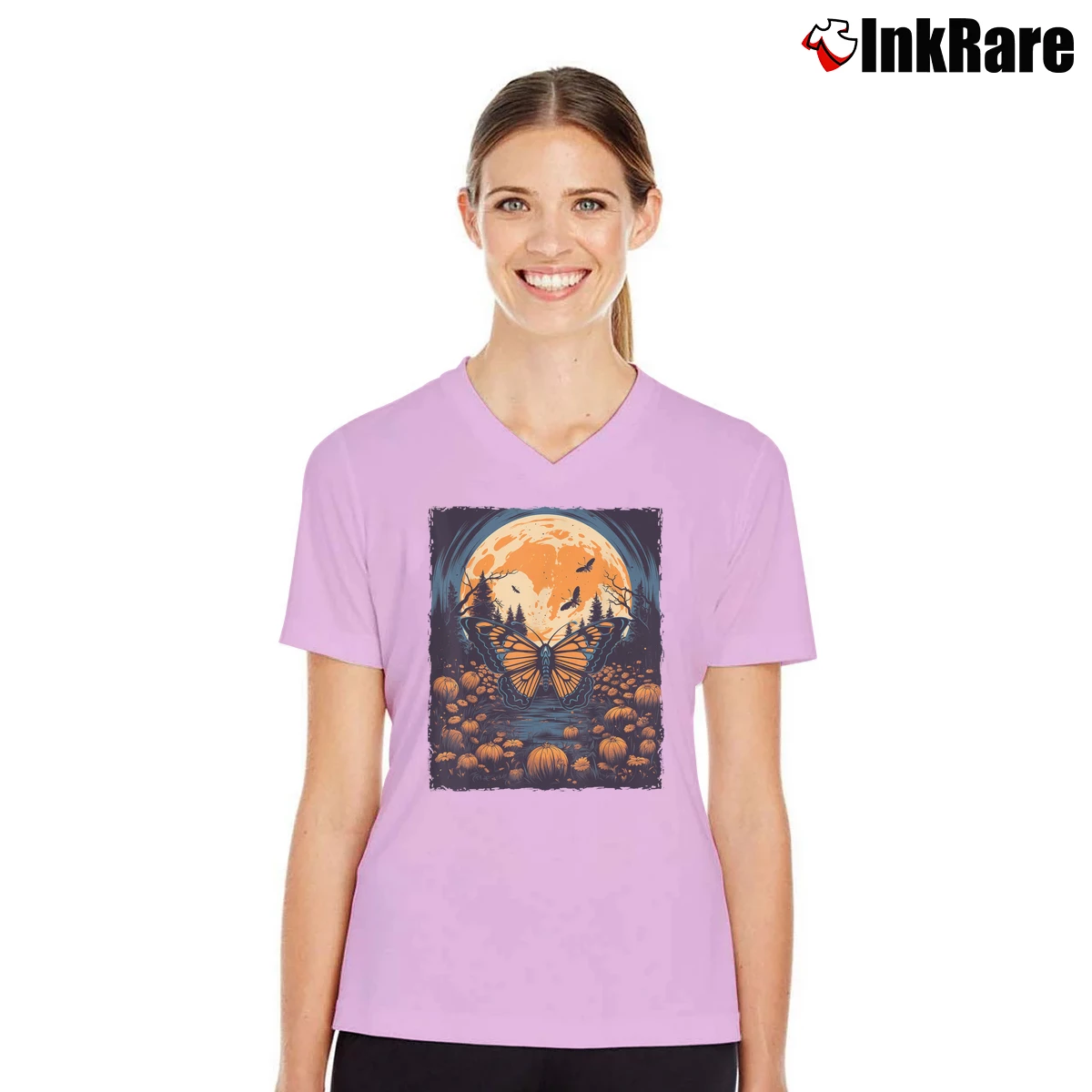 Women’s Monarch Butterfly Halloween V-Neck Tee in light pink | Chic Neckline, Soft Texture
