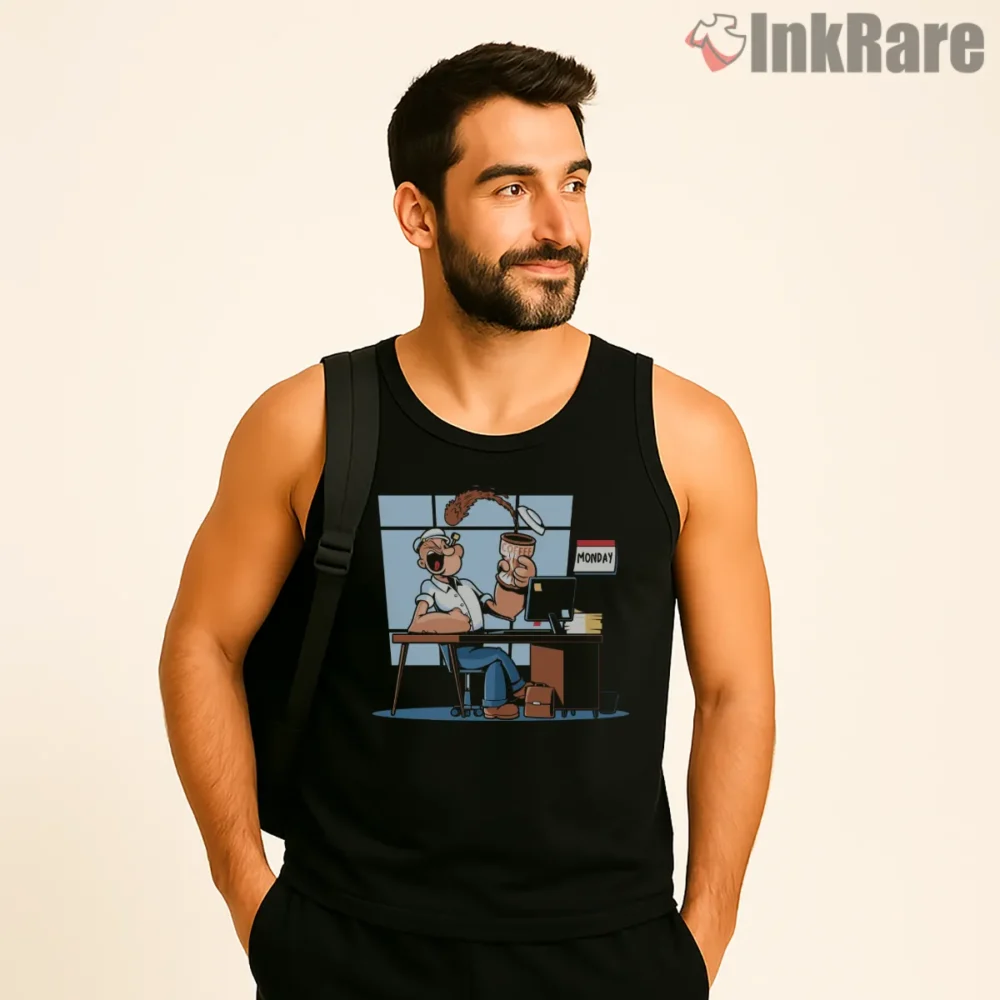 Monday Morning Energy Coffee Desk Shirt on black tank top for men graphic tee