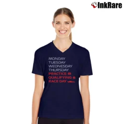 Women’s Monday Tuesday Wednesday Thursday Practice Qualifying V-Neck Tee in navy | Chic Neckline, Soft Texture