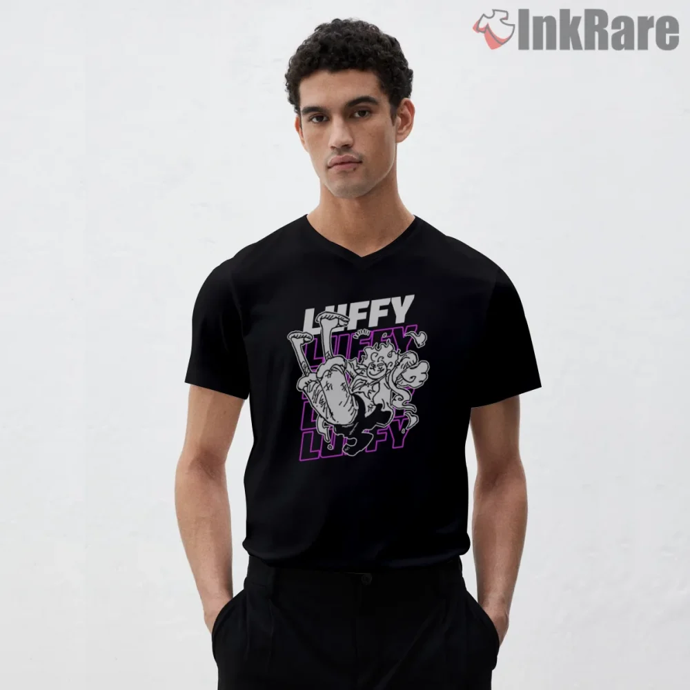 Monkey D Luffy Cartoon Chaos Adventure Anime Shirt on black v-neck shirt for men graphic tee