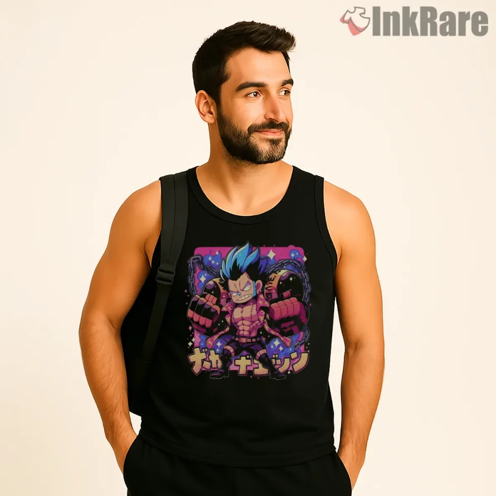 Monkey D Luffy Chibi Cyborg Power Anime Shirt on black tank top for men graphic tee
