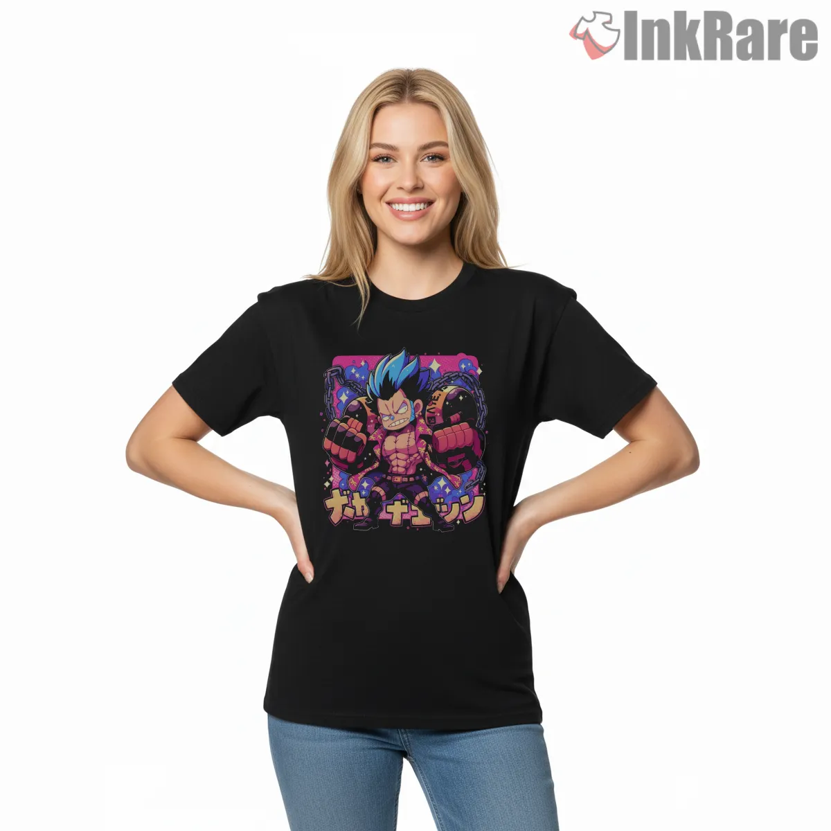 Monkey D Luffy Chibi Cyborg Power Anime Shirt on black short sleeve shirt for women graphic tee