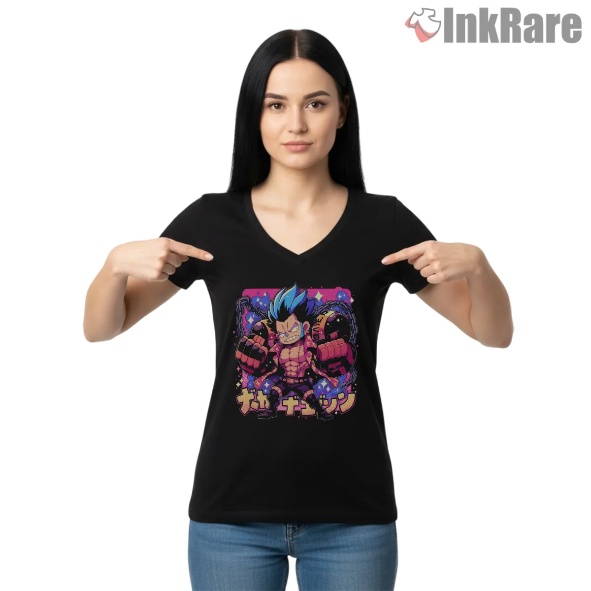 Monkey D Luffy Chibi Cyborg Power Anime V Neck Black Monkey D Luffy Chibi Cyborg Power Anime Shirt on black v-neck shirt for women graphic tee