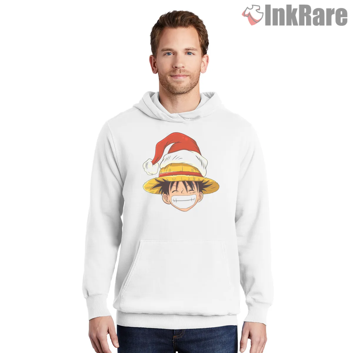 Monkey D Luffy Christmas Straw Hat Holiday Anime Hoodie White Monkey D Luffy Christmas Straw Hat Holiday Anime Shirt on white hoodie for men graphic tee