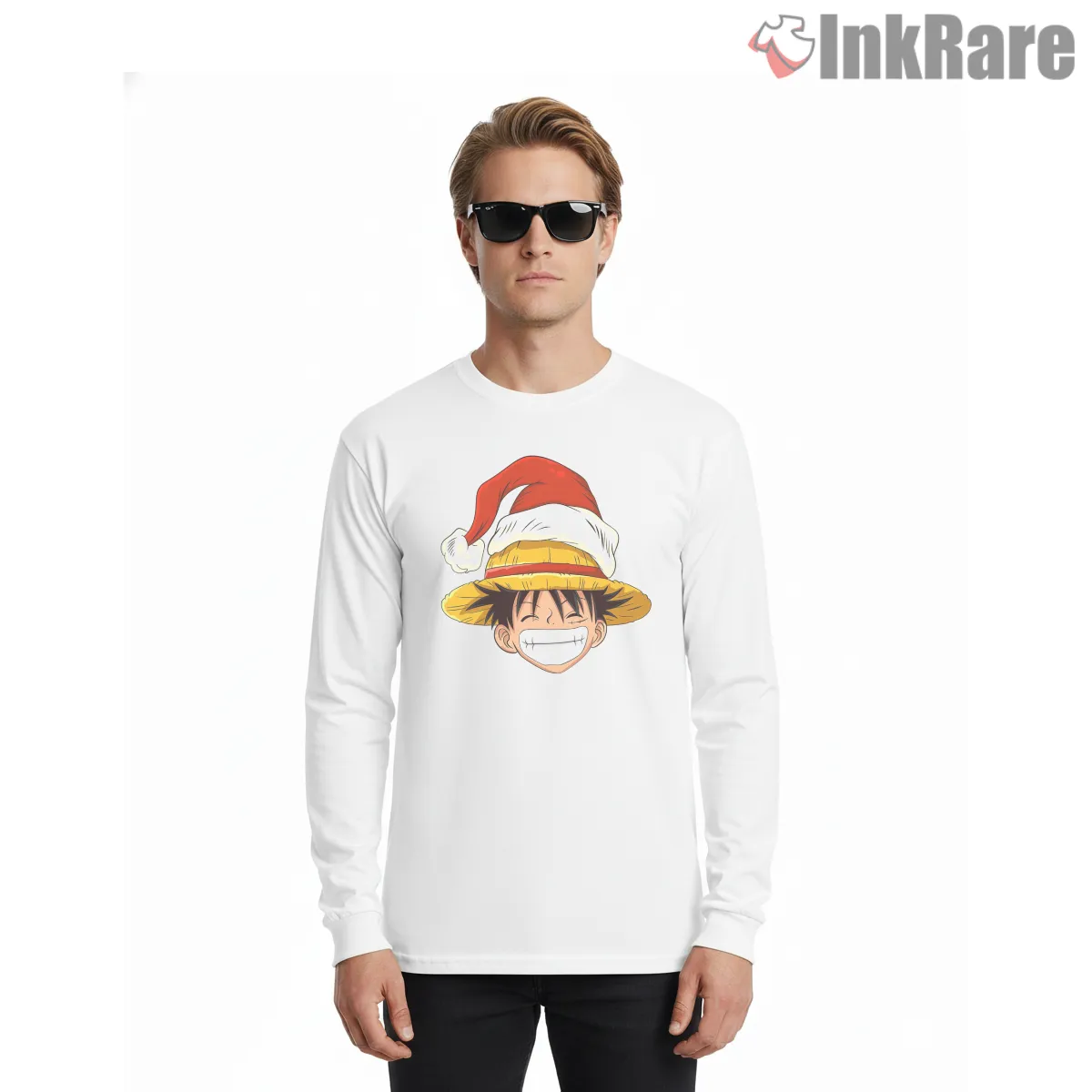 Monkey D Luffy Christmas Straw Hat Holiday Anime Long Sleeve White Monkey D Luffy Christmas Straw Hat Holiday Anime Shirt on white long sleeve shirt for men graphic tee