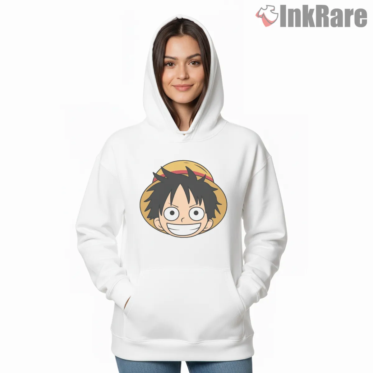 Monkey D Luffy Cute Straw Hat Chibi Anime Hoodie White Monkey D Luffy Cute Straw Hat Chibi Anime Shirt on white hoodie for women graphic tee