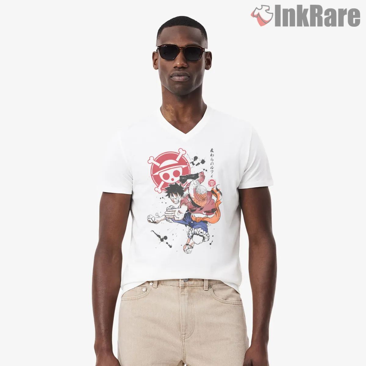 Monkey D Luffy Dynamic Pirate Action Anime V Neck White Monkey D Luffy Dynamic Pirate Action Anime Shirt on white v-neck shirt for men graphic tee