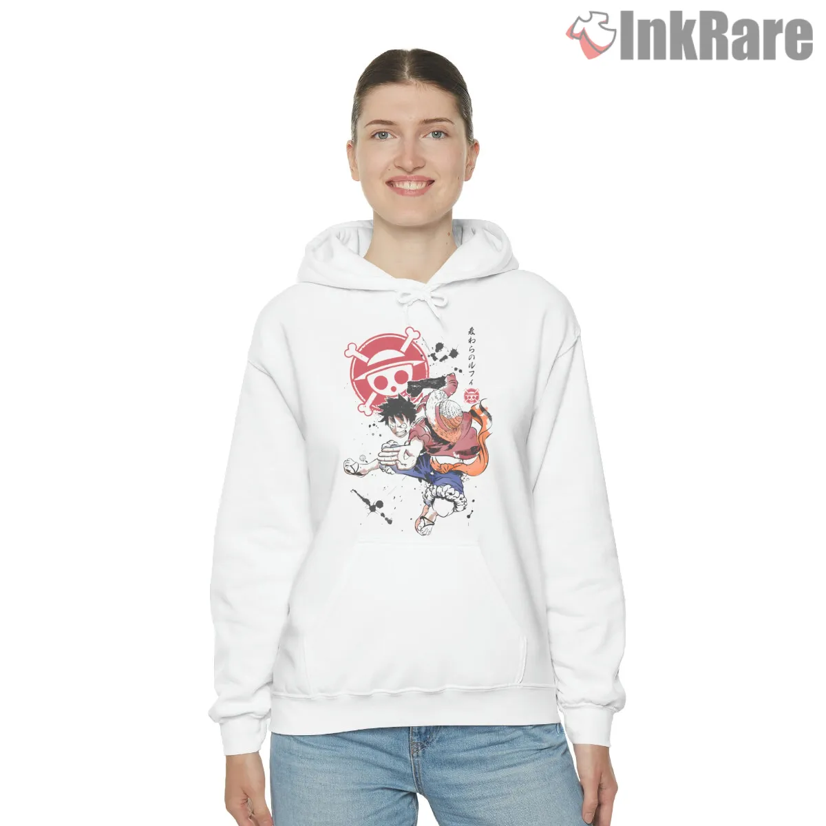 Monkey D Luffy Dynamic Pirate Action Anime Shirt on white hoodie for women graphic tee