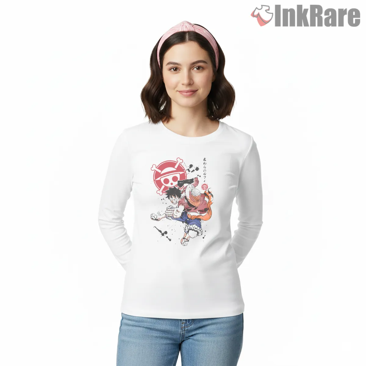 Monkey D Luffy Dynamic Pirate Action Anime Long Sleeve White Monkey D Luffy Dynamic Pirate Action Anime Shirt on white long sleeve shirt for women graphic tee