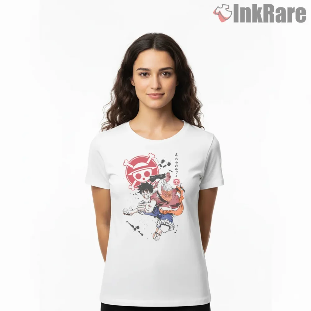 Monkey D Luffy Dynamic Pirate Action Anime Shirt on white short sleeve shirt for women graphic tee