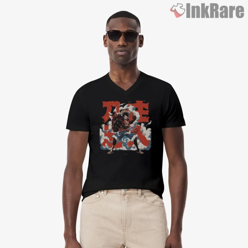 Monkey D Luffy Gear Five Epic Battle Pose Anime Shirt on black v-neck shirt for men graphic tee