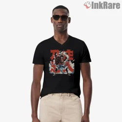 Monkey D Luffy Gear Five Epic Battle Pose Anime Shirt on black v-neck shirt for men graphic tee