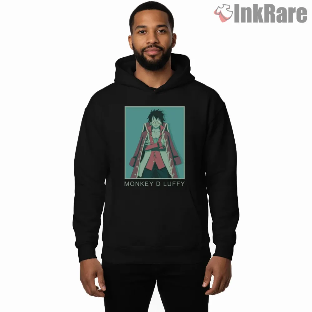 Monkey D Luffy Minimal Portrait Pirate Anime Shirt on black hoodie for men graphic tee
