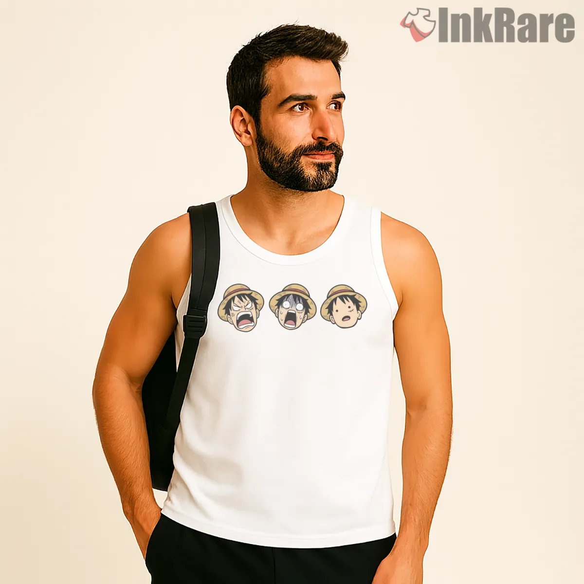Monkey D Luffy Mood Expression Trio Anime Shirt on white tank top for men graphic tee