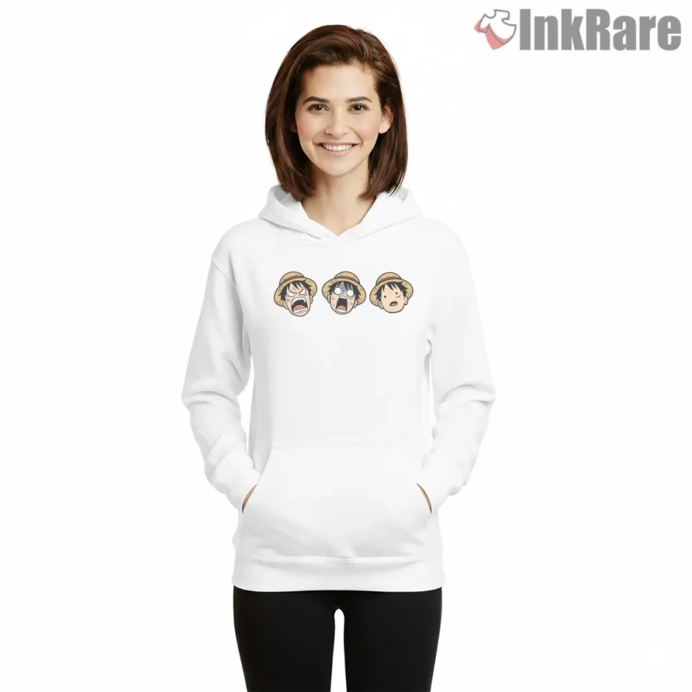Monkey D Luffy Mood Expression Trio Anime Shirt on white hoodie for women graphic tee