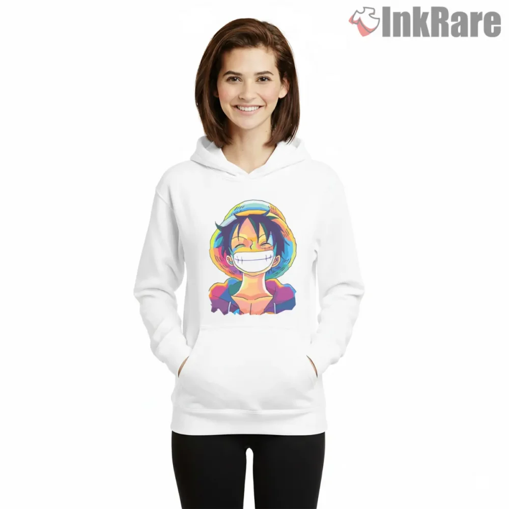 Monkey D Luffy Neon Pop Art Smile Anime Shirt on white hoodie for women graphic tee