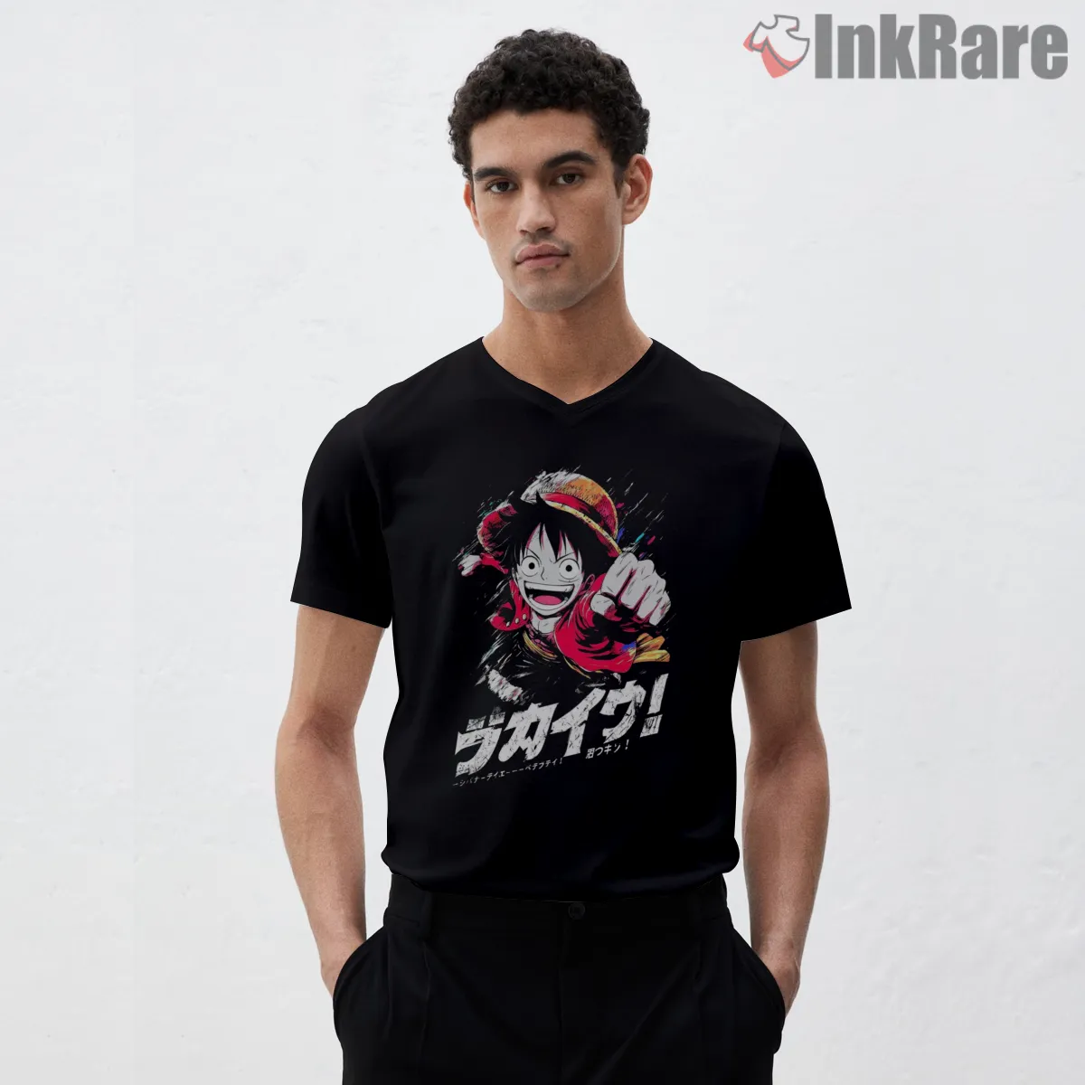 Monkey D Luffy Punch Splash Anime Action V Neck Black Monkey D Luffy Punch Splash Anime Action Shirt on black v-neck shirt for men graphic tee