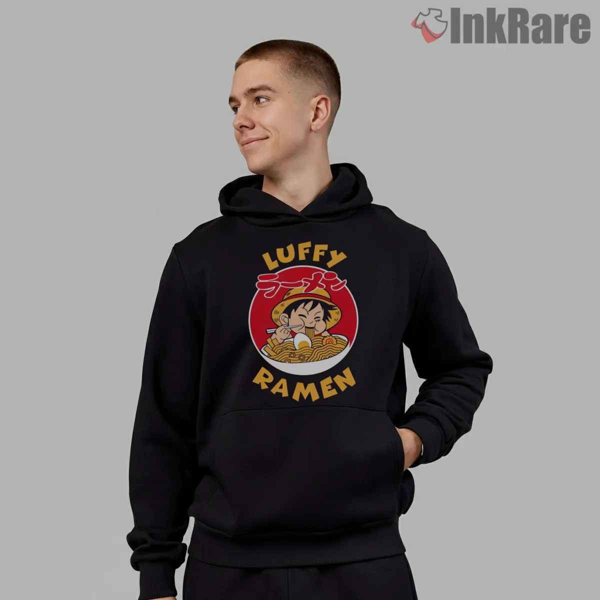 Monkey D Luffy Ramen Lover Anime Food Hoodie Black Monkey D Luffy Ramen Lover Anime Food Shirt on black hoodie for men graphic tee