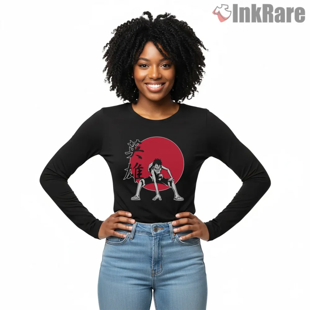 Monkey D Luffy Rising Sun Pirate Anime Shirt on black long sleeve shirt for women graphic tee