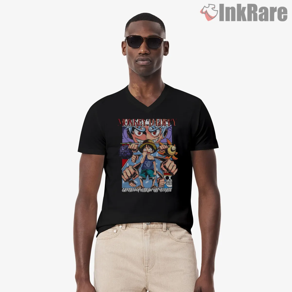 Monkey D Luffy Straw Hat Captain Anime V Neck Black Monkey D Luffy Straw Hat Captain Anime Shirt on black v-neck shirt for men graphic tee