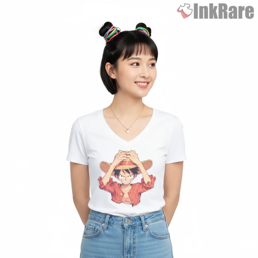 Monkey D Luffy Straw Hat Determined Smile Anime Shirt on white v-neck shirt for women graphic tee