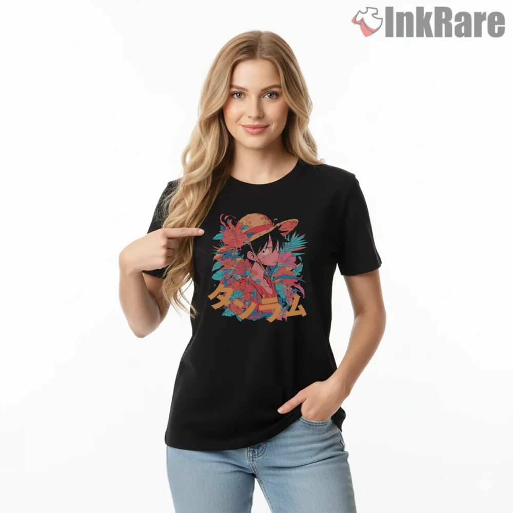 Monkey D Luffy Tropical Floral Pirate Anime Shirt on black short sleeve shirt for women graphic tee