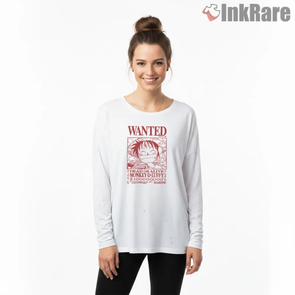 Monkey D Luffy Wanted Poster Pirate Anime Shirt on white long sleeve shirt for women graphic tee