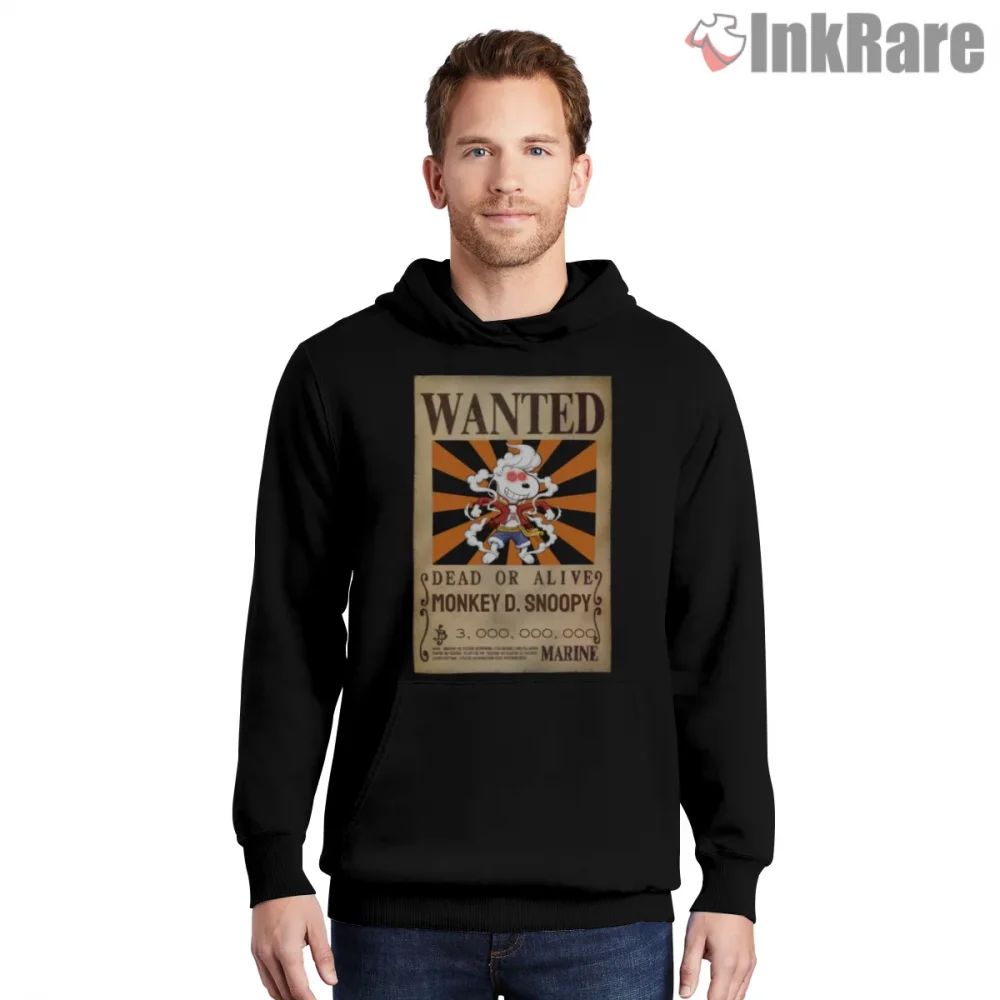 Monkey D Snoopy Wanted Poster Parody Shirt on black hoodie for men graphic tee
