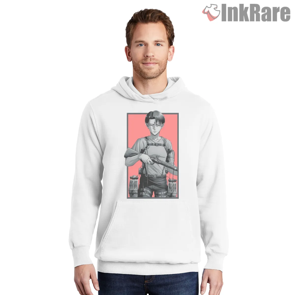 Monochrome Levi Ackerman Red Framed Portrait Shirt on white hoodie for men graphic tee