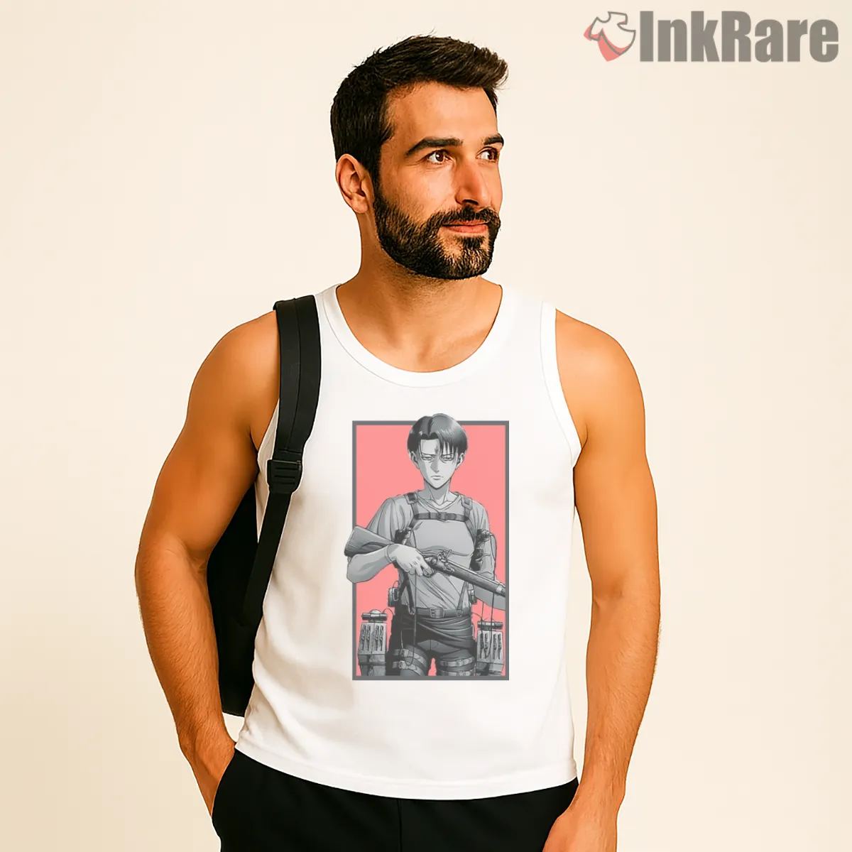 Monochrome Levi Ackerman Red Framed Portrait Tank Top White Monochrome Levi Ackerman Red Framed Portrait Shirt on white tank top for men graphic tee