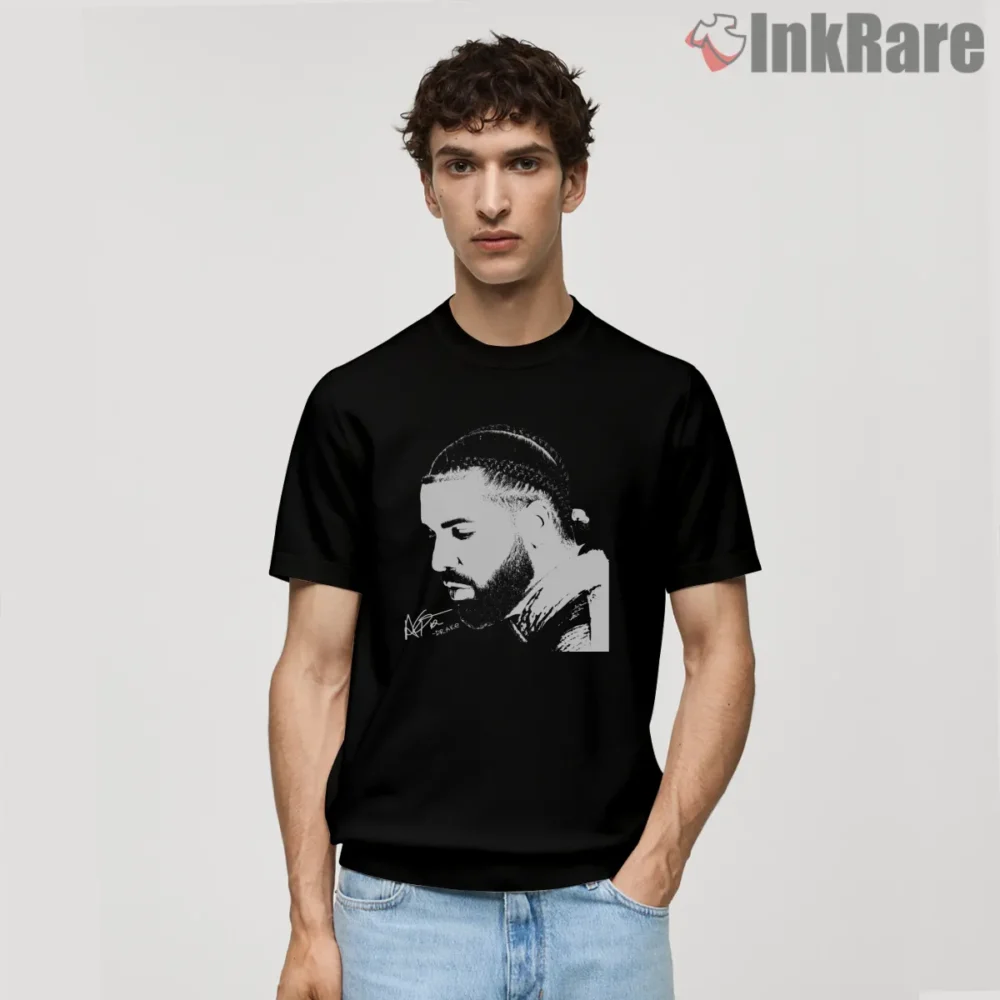 Monochrome Side Profile Braided Drake Shirt on black short sleeve shirt for men graphic tee