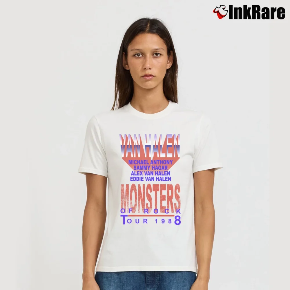 Women’s Monsters Of Rock Tour 1988 Van Halen Band Signature T-Shirt in white | Soft, Flattering Fit