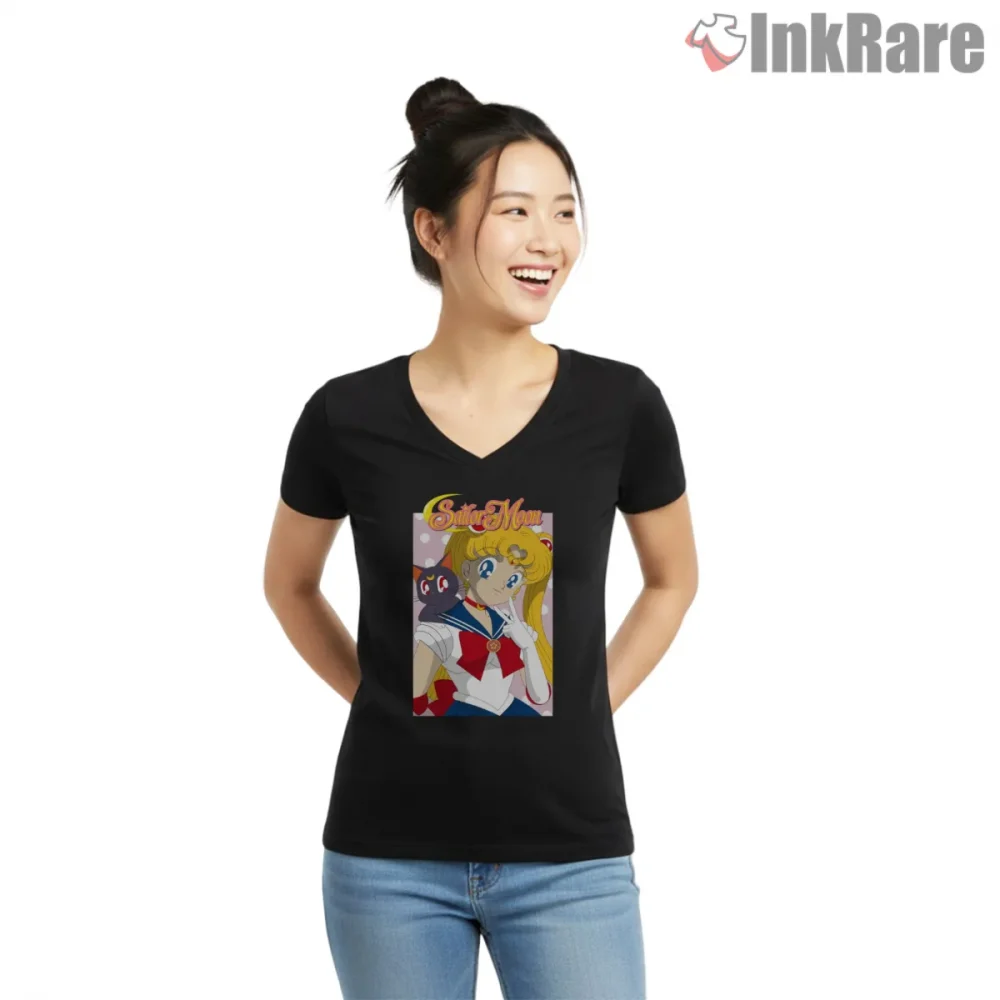 Moon Guardian And Luna Companion Cool Art Shirt on black v-neck shirt for women graphic tee