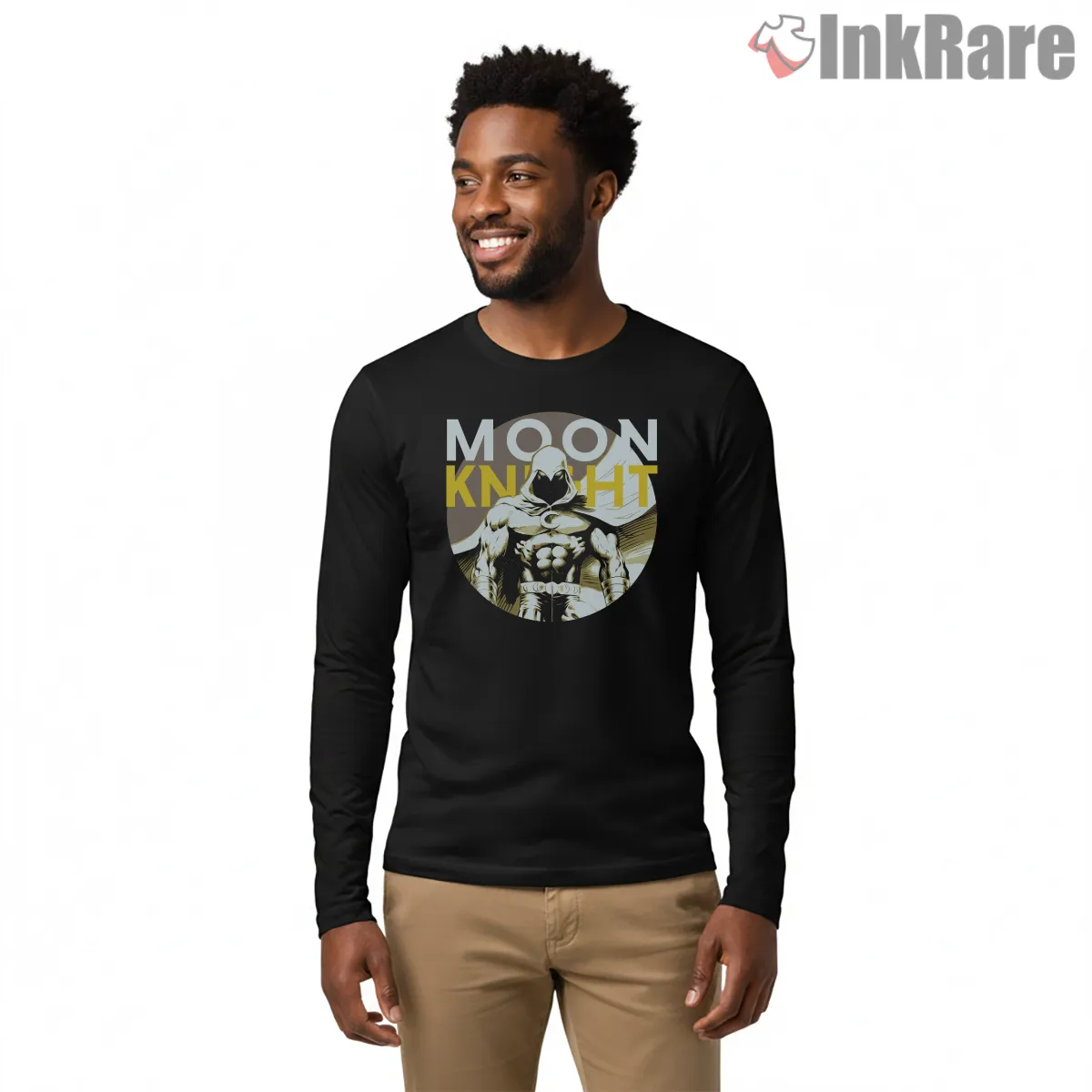 Moon Knight Bold Typography Circle Emblem Shirt on black long sleeve shirt for men graphic tee