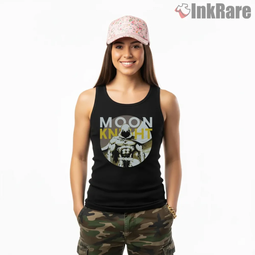 Moon Knight Bold Typography Circle Emblem Shirt on black tank top for women graphic tee