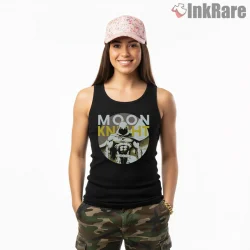 Moon Knight Bold Typography Circle Emblem Shirt on black tank top for women graphic tee
