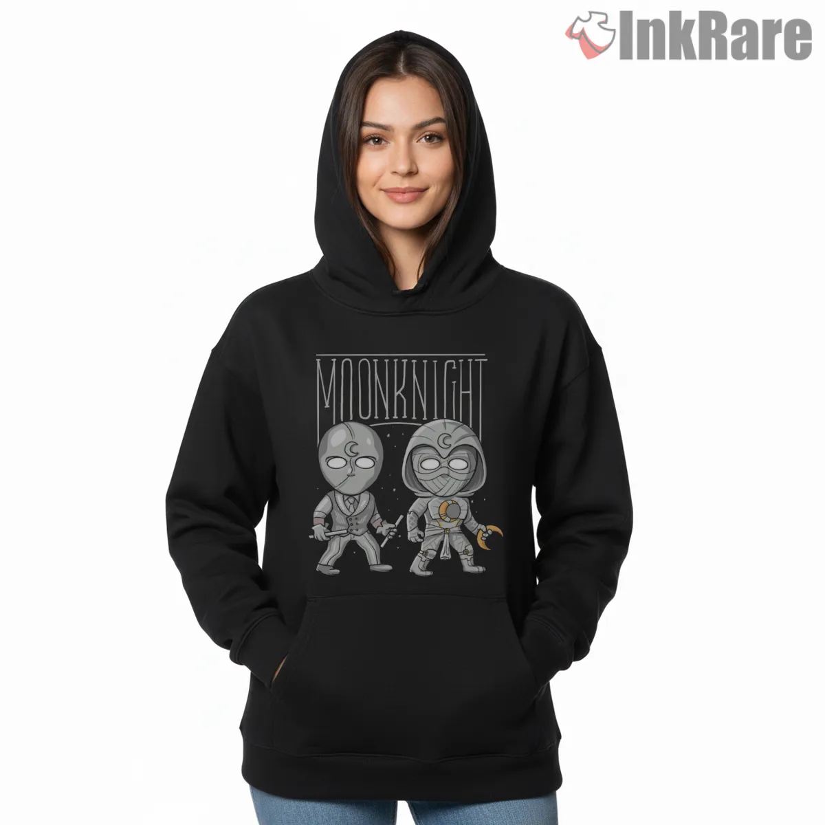 Moon Knight Chibi White Knights Duo Hoodie Black Moon Knight Chibi White Knights Duo Shirt on black hoodie for women graphic tee