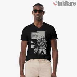 Moon Knight Comic Panel Dialogue Noir Shirt on black v-neck shirt for men graphic tee