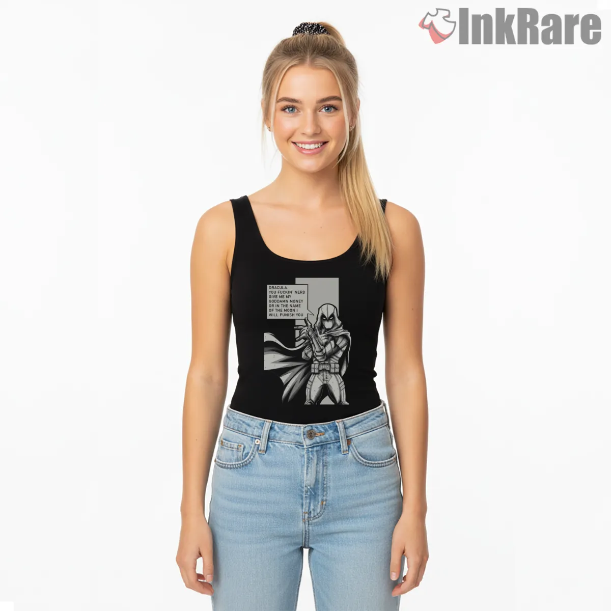 Moon Knight Comic Panel Dialogue Noir Shirt on black tank top for women graphic tee