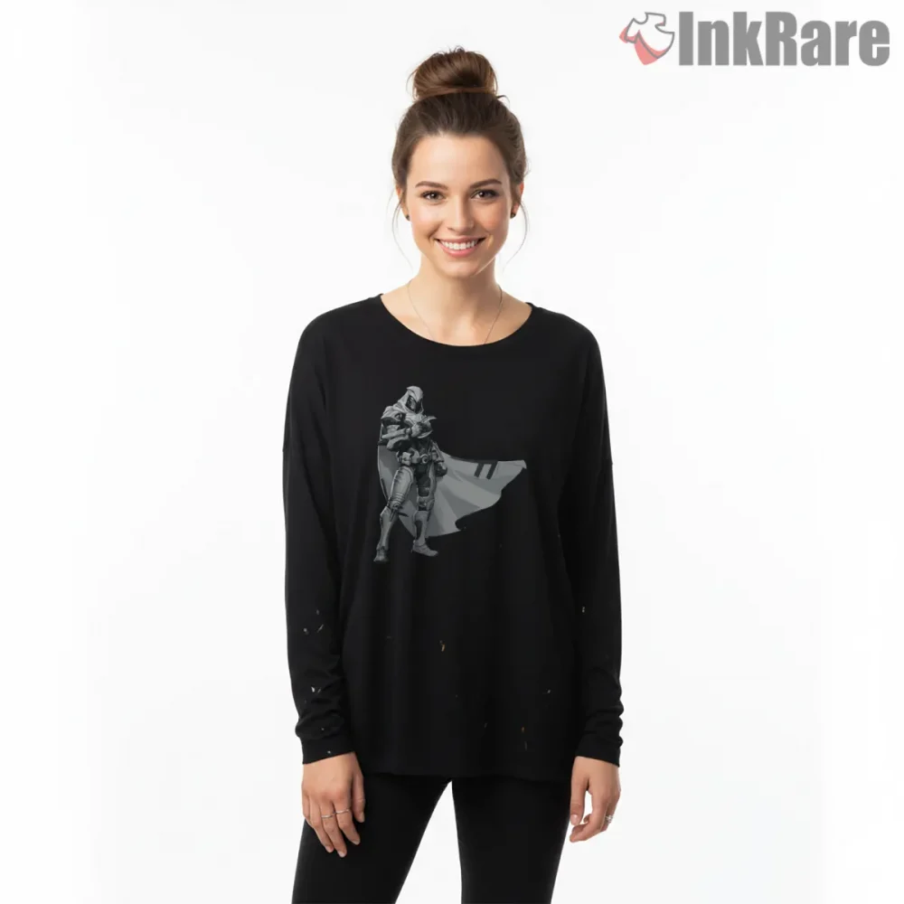 Moon Knight Full Armor Cloak Heroic Stance Shirt on black long sleeve shirt for women graphic tee