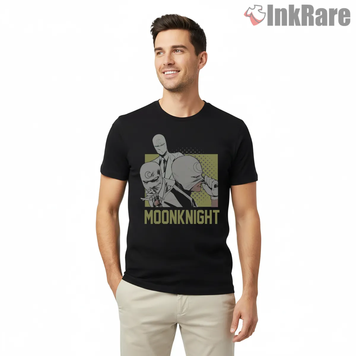 Moon Knight Hidden Identities Hero Trio Shirt on black short sleeve shirt for men graphic tee