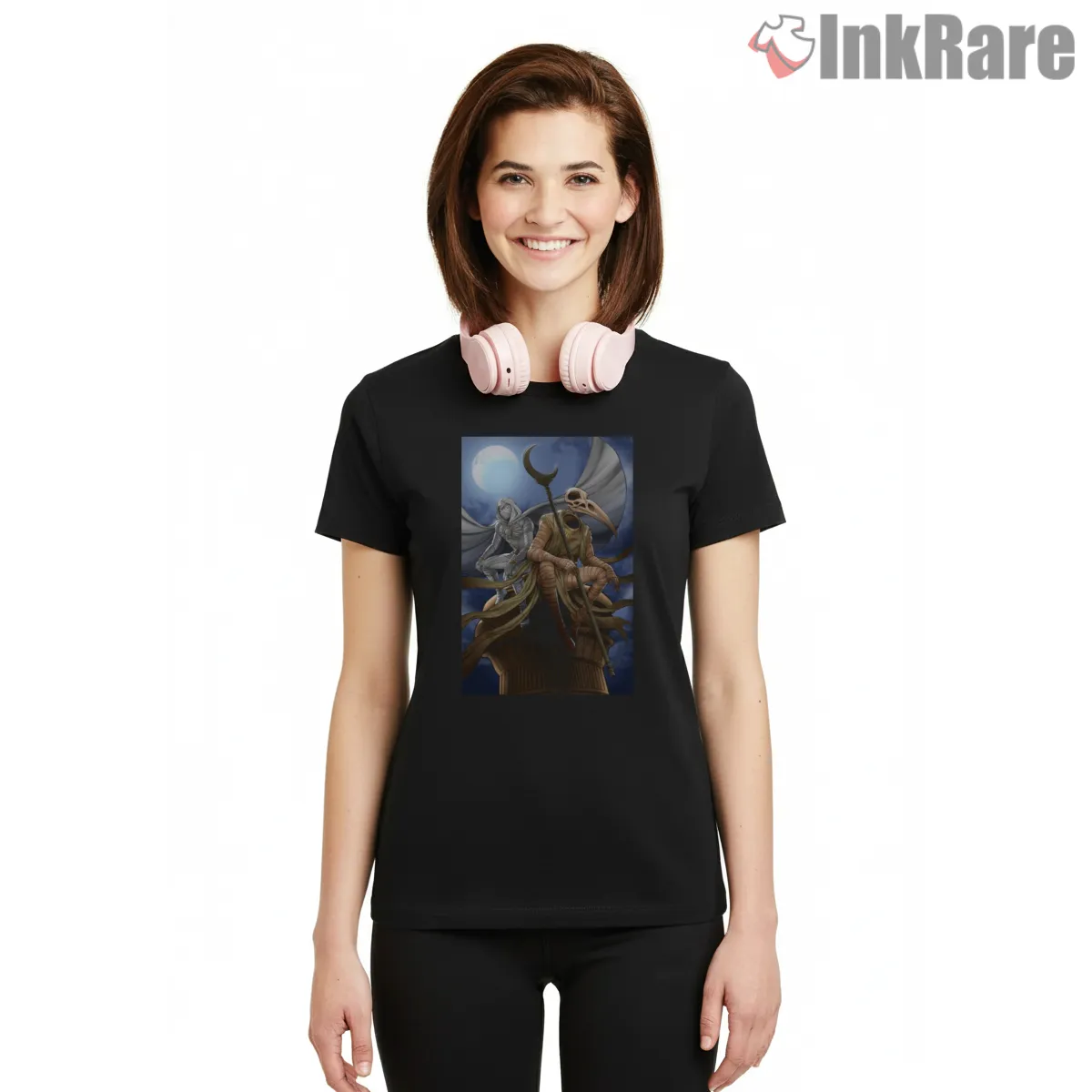 Moon Knight Khonshu Temple Guardian Fantasy Shirt on black short sleeve shirt for women graphic tee