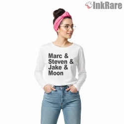 Moon Knight Marc Steven Jake Names Typography Shirt on white long sleeve shirt for women graphic tee